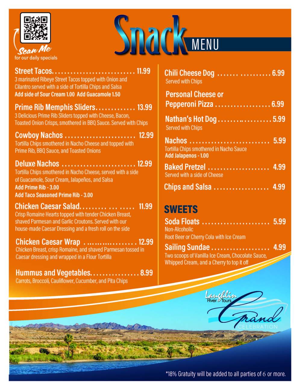 Colorful snack menu with various food and drink options, pricing, and a QR code for daily specials.