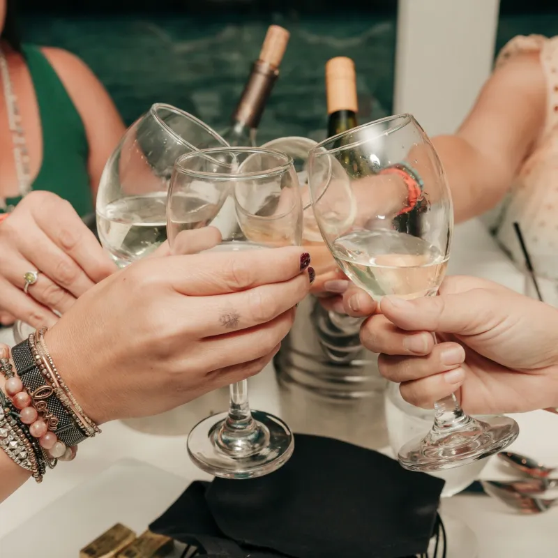 a woman sitting at a table with wine glasses