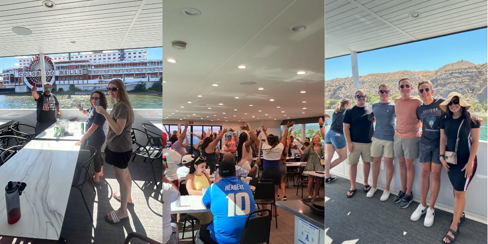 Three images: people on a boat deck, cheering indoors, group posing outdoors.