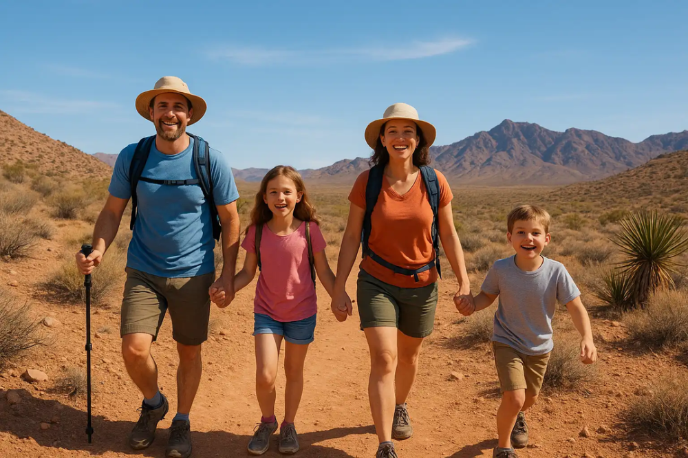 Family of four hiking on a desert trail with mountains in the background.