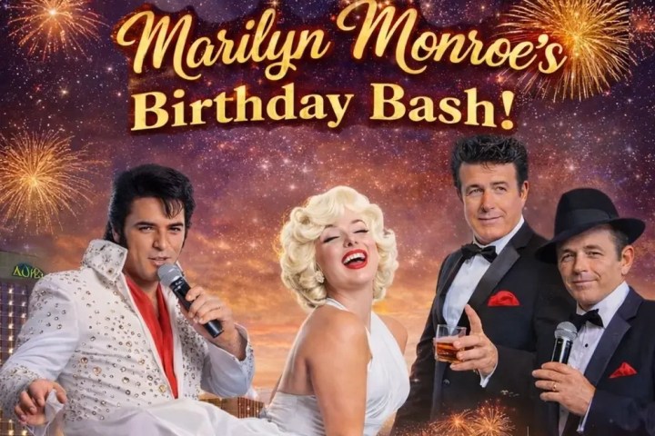 Marilyn Monroe impersonator with performers beside a cruise ship, promoting a birthday bash event.