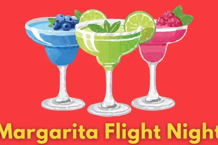 Three colorful margaritas with fruit, labeled 'Margarita Flight Night' on a red background.