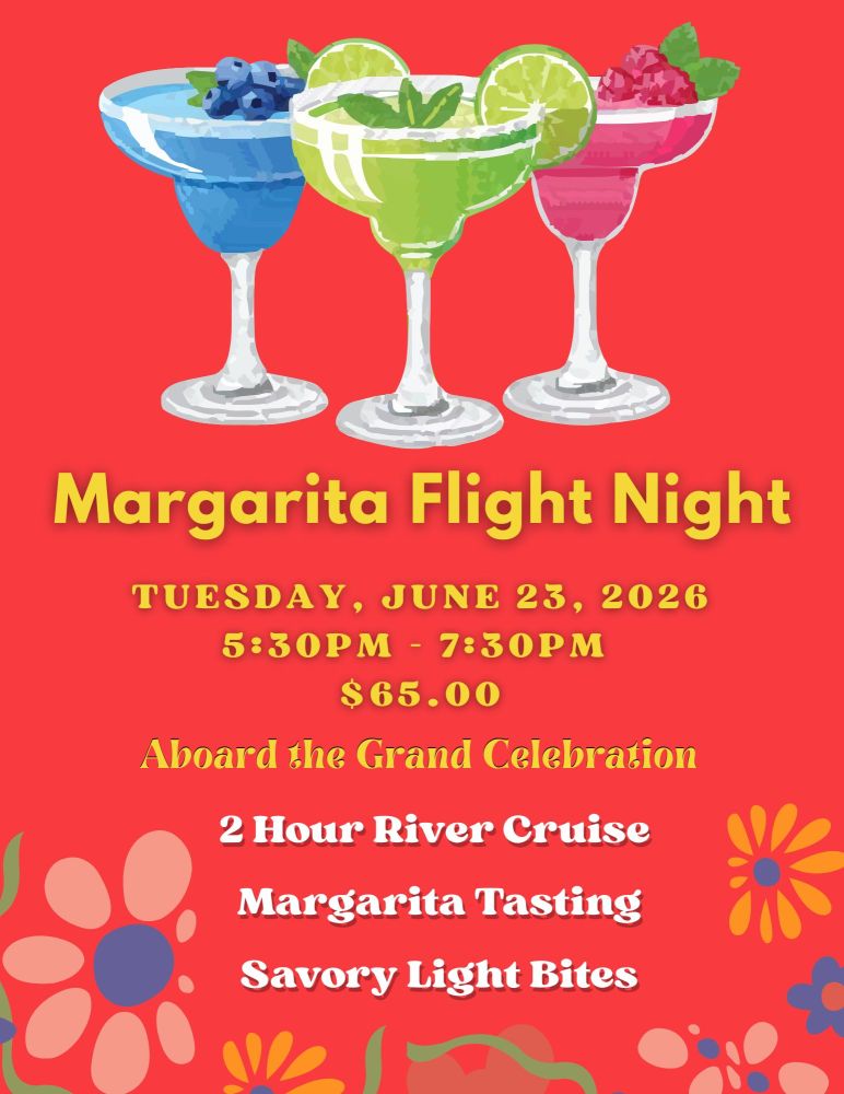 Three margaritas on a flyer for a cruise event on June 23, 2026, with drinks and snacks.