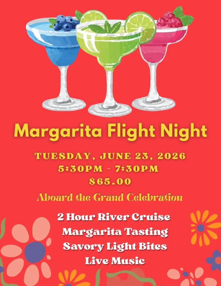 Three colorful margarita glasses above text about a river cruise and tasting event on June 23, 2026.