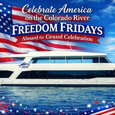 Modern boat on river with American flags and fireworks, promoting 'Freedom Fridays' event.