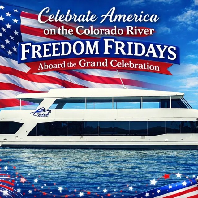 Modern boat on river with American flags and fireworks, promoting 'Freedom Fridays' event.