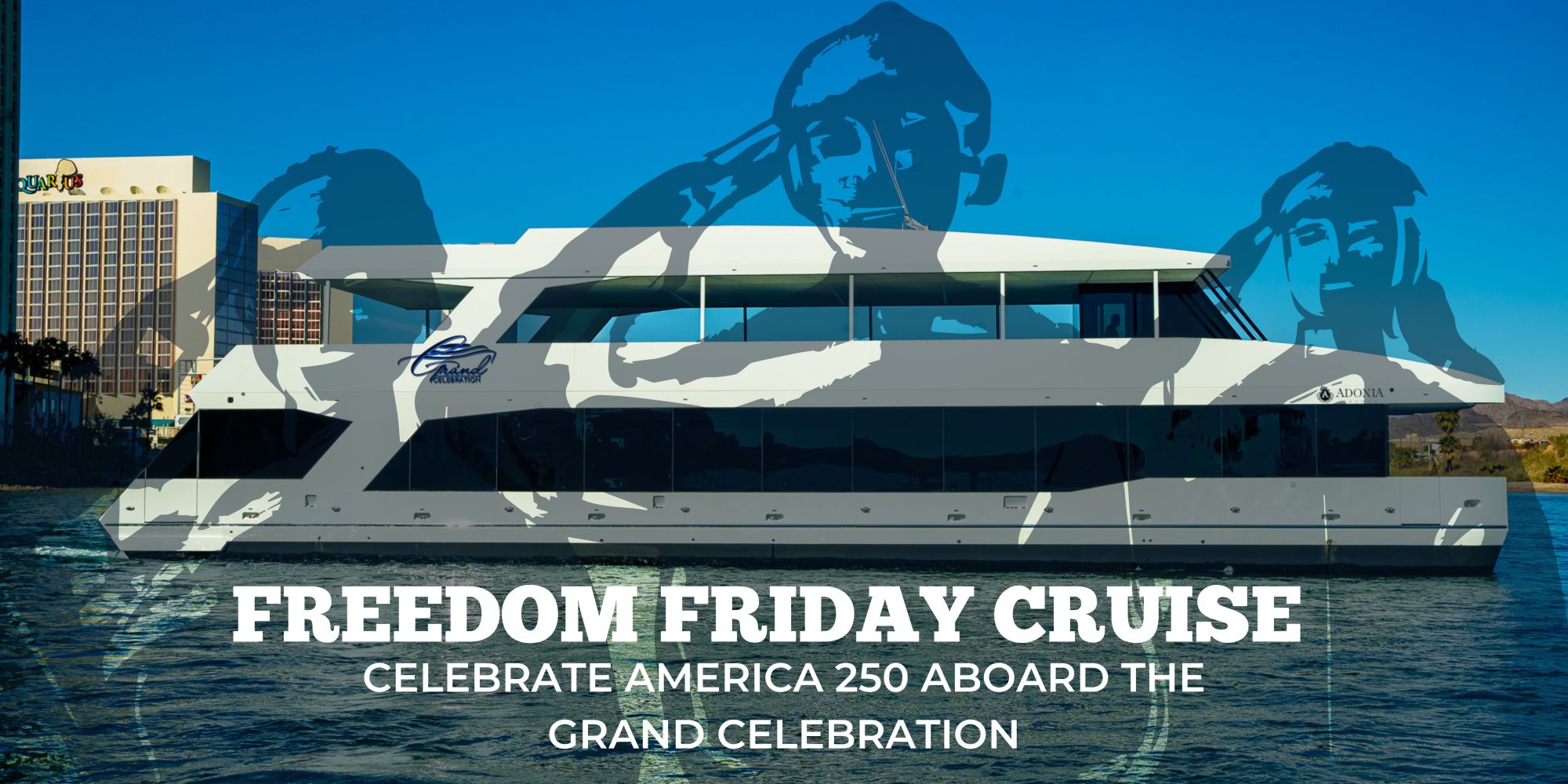Cruise ship on water with 'Freedom Friday Cruise' text overlay.