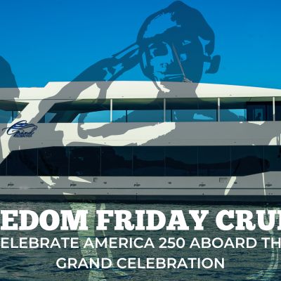 Cruise ship on water with 'Freedom Friday Cruise' text overlay.